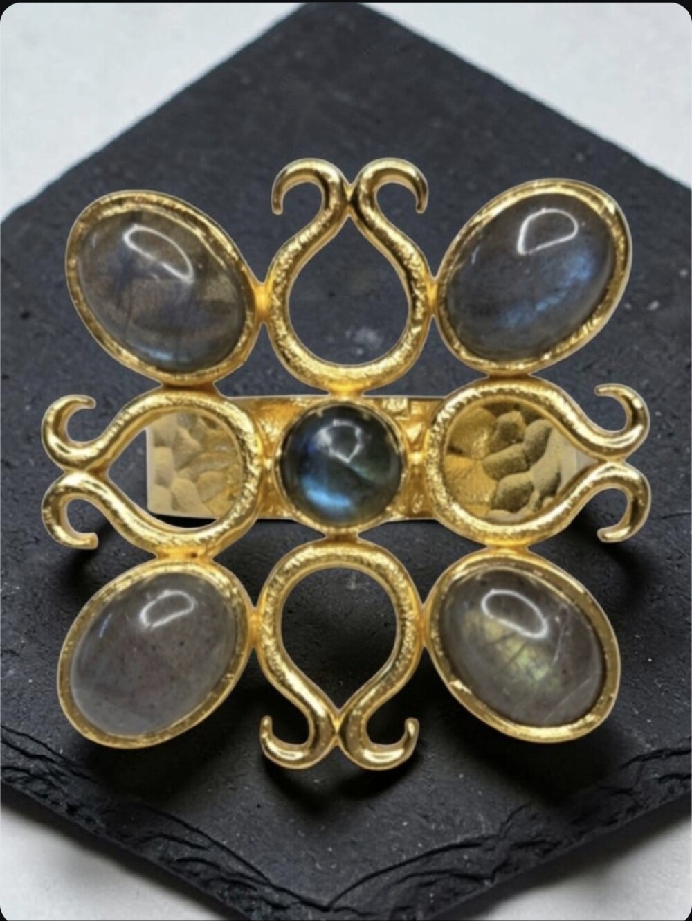 18k Gold Plated Artisan Flash Labradorite Stone Crystal Statement Ring